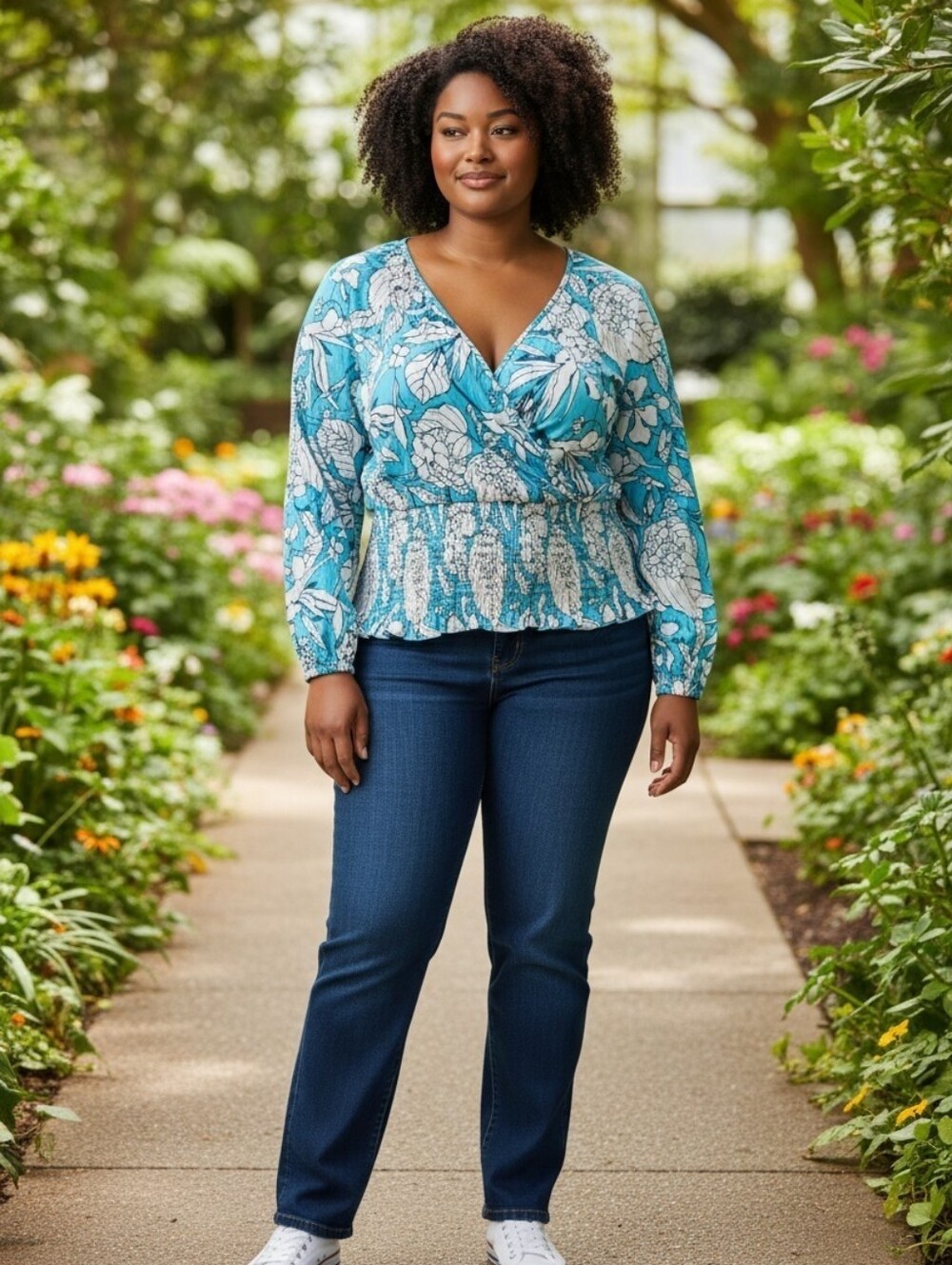 Lane Bryant Turquoise and White Floral Wrap-Style Blouse